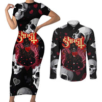 Ghost Valentine Couples Matching Short Sleeve Bodycon Dress and Long Sleeve Button Shirt with Rockets Skull Heart Pattern