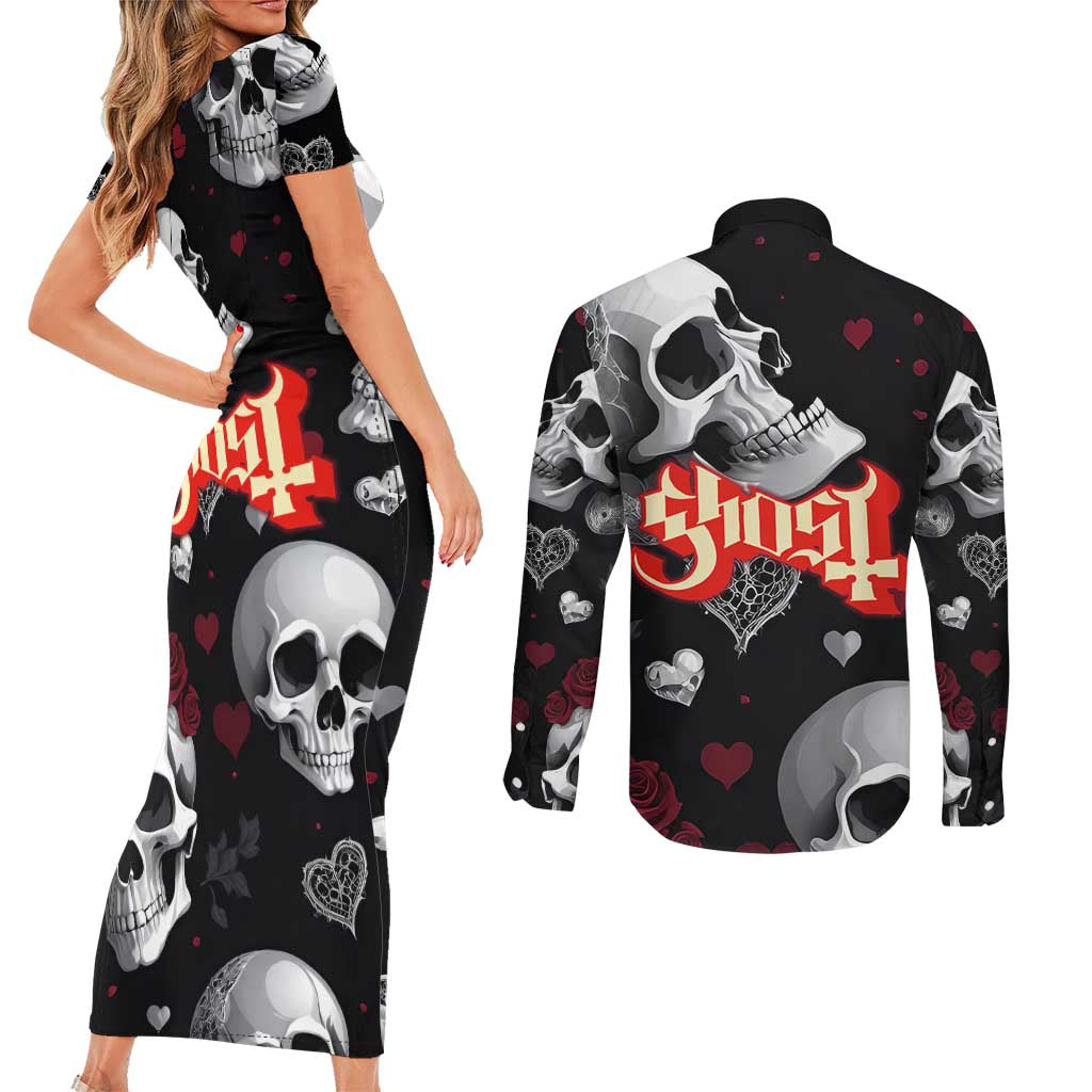 Ghost Valentine Couples Matching Short Sleeve Bodycon Dress and Long Sleeve Button Shirt with Rockets Skull Heart Pattern