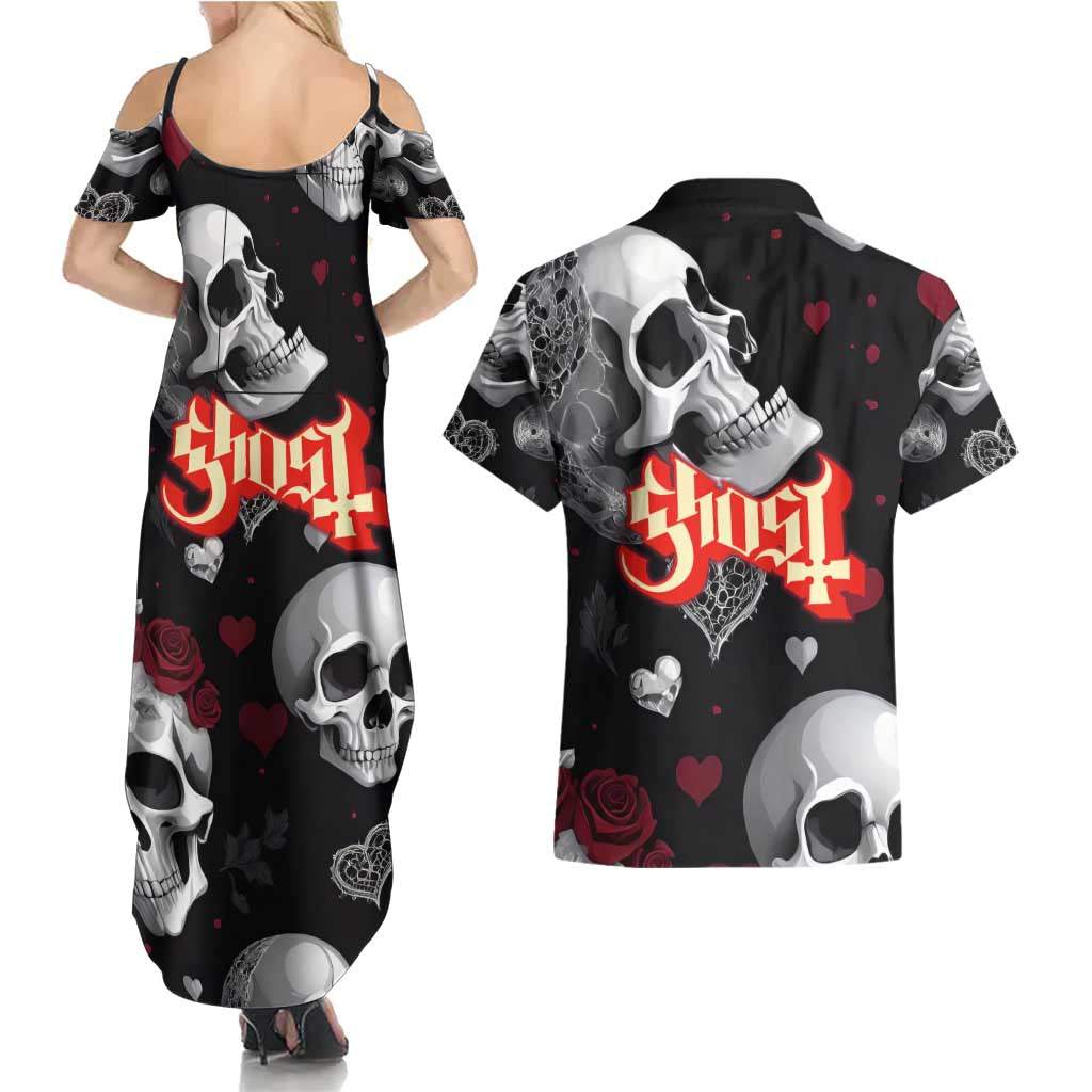 Ghost Valentine Couples Matching Summer Maxi Dress and Hawaiian Shirt with Rockets Skull Heart Pattern