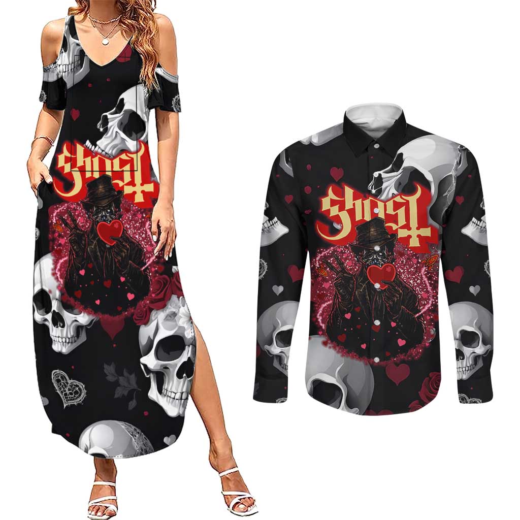 Ghost Valentine Couples Matching Summer Maxi Dress and Long Sleeve Button Shirt with Rockets Skull Heart Pattern