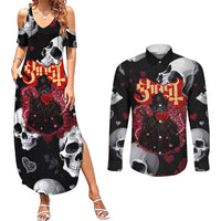 Ghost Valentine Couples Matching Summer Maxi Dress and Long Sleeve Button Shirt with Rockets Skull Heart Pattern