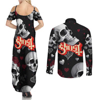 Ghost Valentine Couples Matching Summer Maxi Dress and Long Sleeve Button Shirt with Rockets Skull Heart Pattern