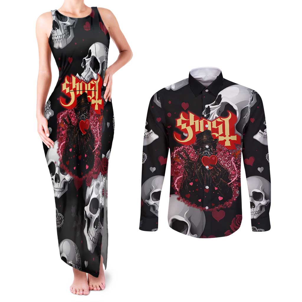 Ghost Valentine Couples Matching Tank Maxi Dress and Long Sleeve Button Shirt with Rockets Skull Heart Pattern
