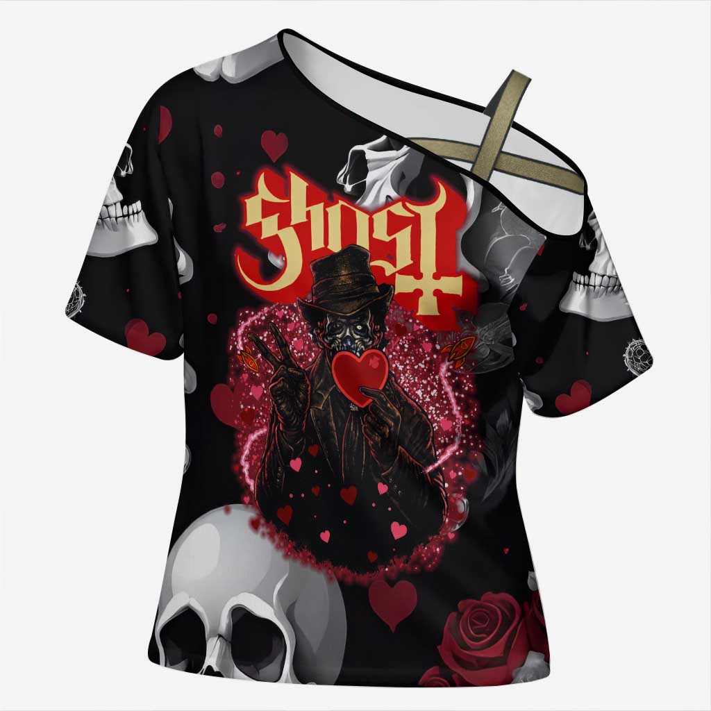 Ghost Valentine Cross Shoulder Shirt with Rockets Skull Heart Pattern
