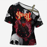 Ghost Valentine Cross Shoulder Shirt with Rockets Skull Heart Pattern