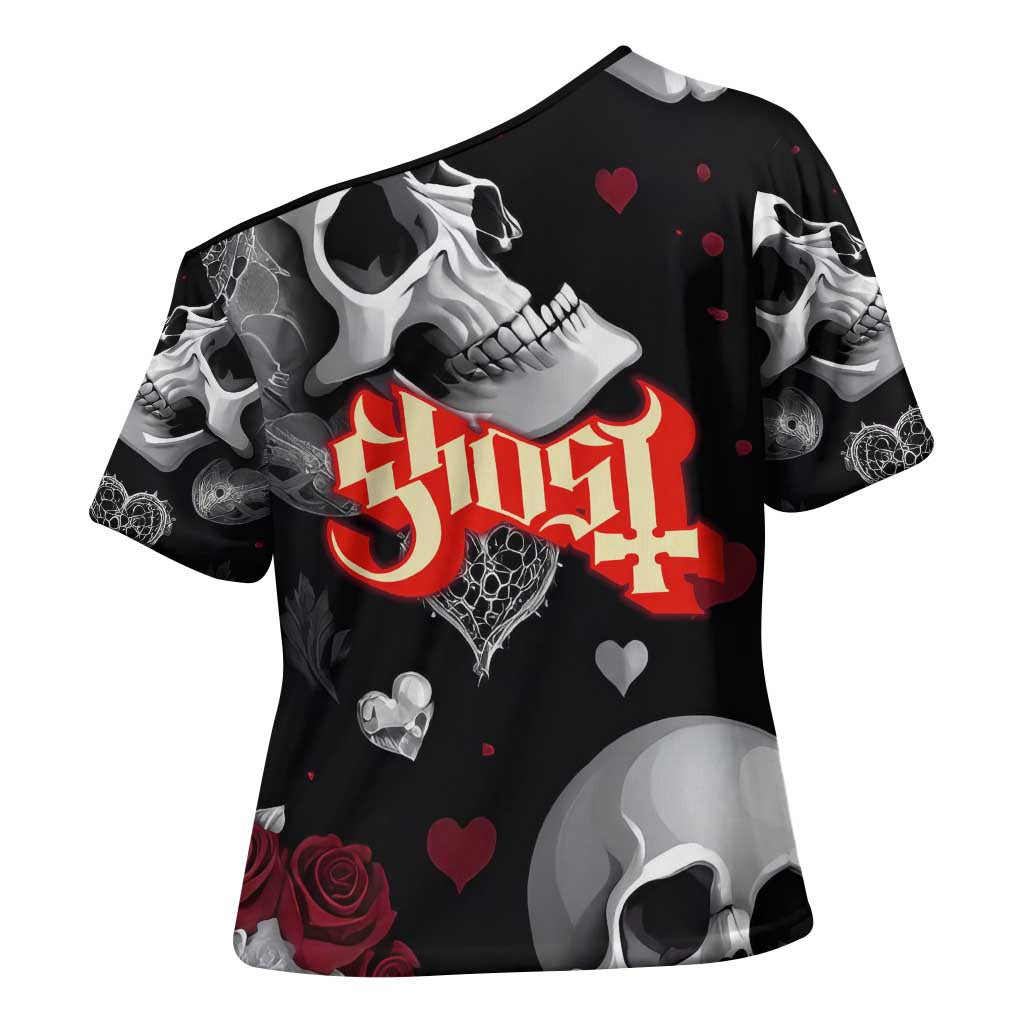 Ghost Valentine Cross Shoulder Shirt with Rockets Skull Heart Pattern