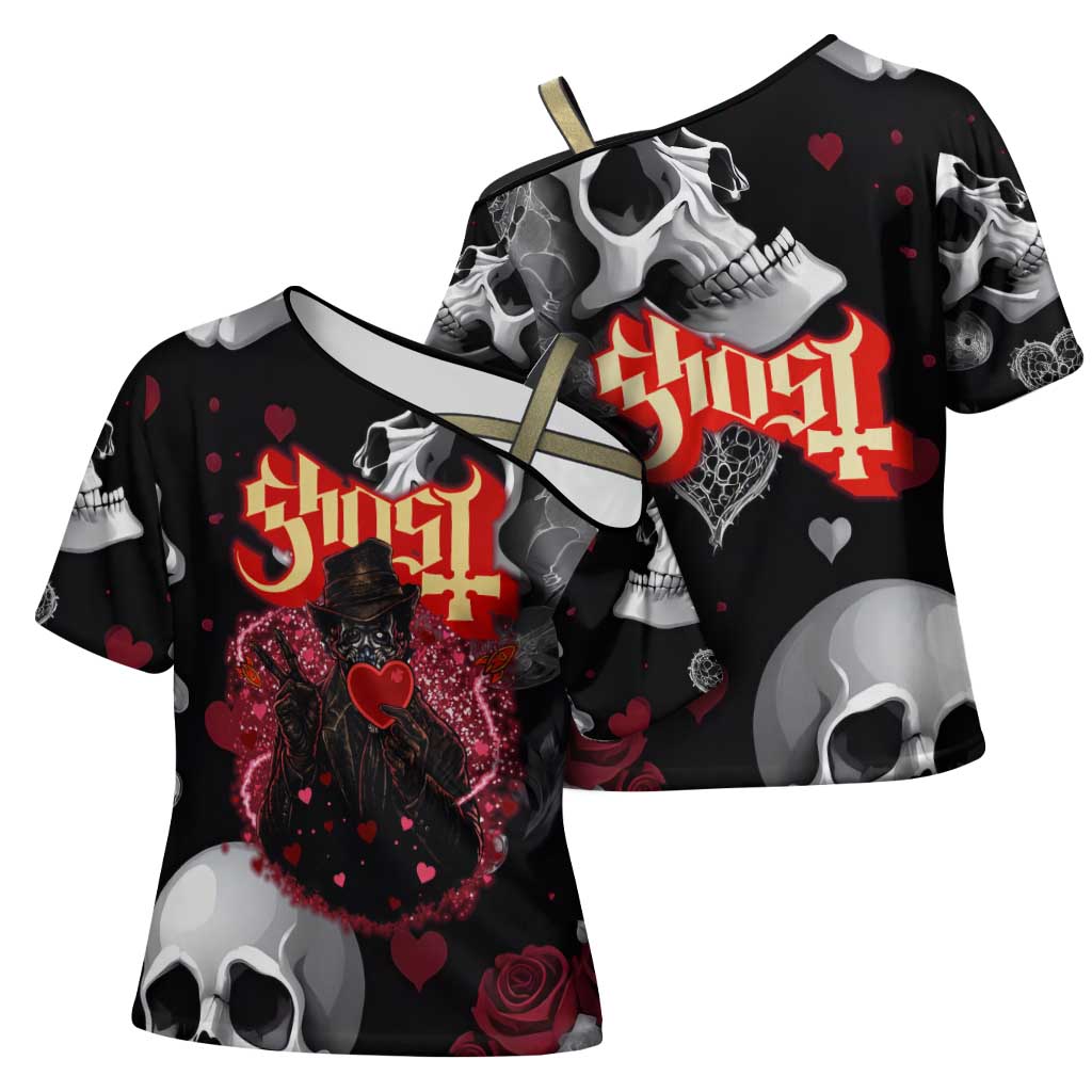 Ghost Valentine Cross Shoulder Shirt with Rockets Skull Heart Pattern