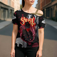 Ghost Valentine Cross Shoulder Shirt with Rockets Skull Heart Pattern
