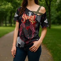 Ghost Valentine Cross Shoulder Shirt with Rockets Skull Heart Pattern