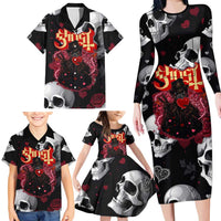 Ghost Valentine Family Matching Long Sleeve Bodycon Dress and Hawaiian Shirt with Rockets Skull Heart Pattern