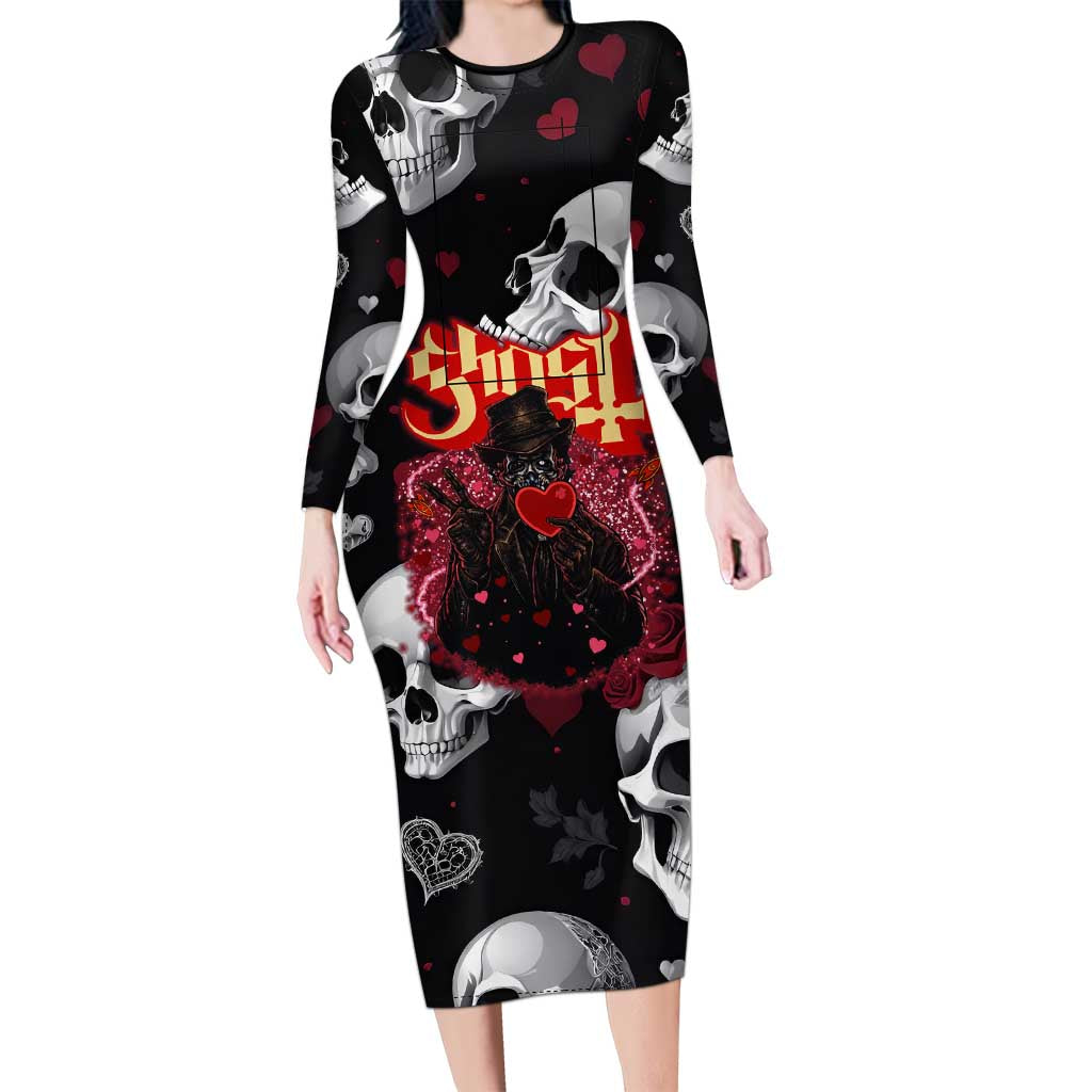 Ghost Valentine Family Matching Long Sleeve Bodycon Dress and Hawaiian Shirt with Rockets Skull Heart Pattern