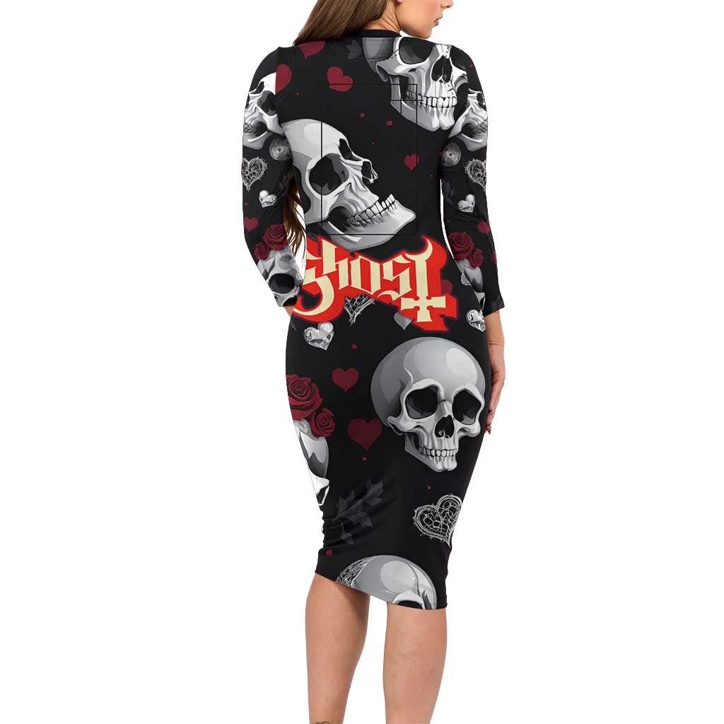 Ghost Valentine Family Matching Long Sleeve Bodycon Dress and Hawaiian Shirt with Rockets Skull Heart Pattern