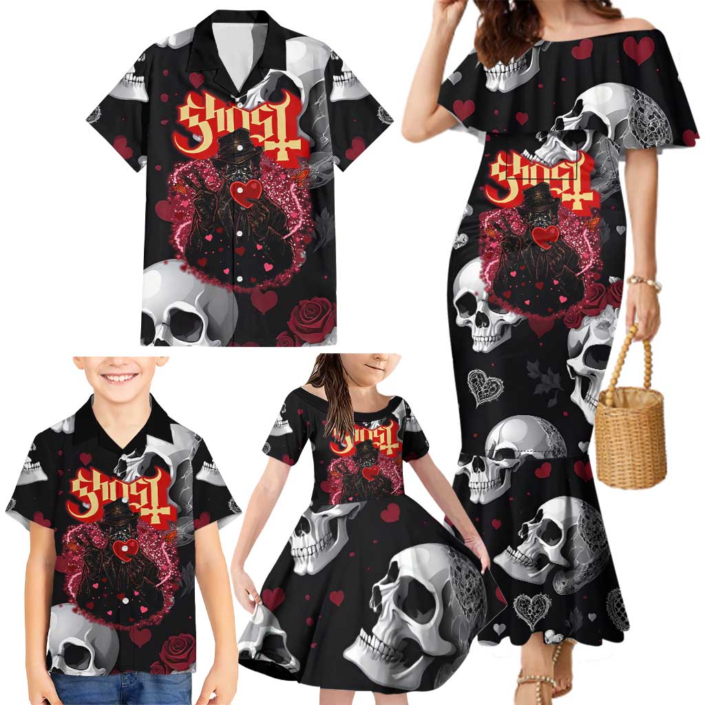 Ghost Valentine Family Matching Mermaid Dress and Hawaiian Shirt with Rockets Skull Heart Pattern