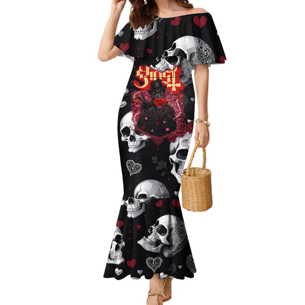 Ghost Valentine Family Matching Mermaid Dress and Hawaiian Shirt with Rockets Skull Heart Pattern