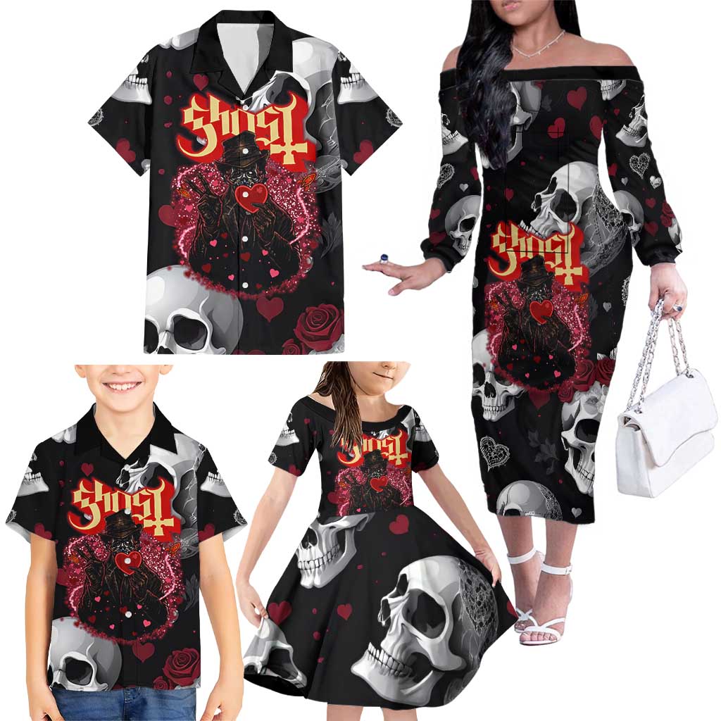 Ghost Valentine Family Matching Off The Shoulder Long Sleeve Dress and Hawaiian Shirt with Rockets Skull Heart Pattern
