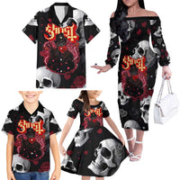 Ghost Valentine Family Matching Off The Shoulder Long Sleeve Dress and Hawaiian Shirt with Rockets Skull Heart Pattern