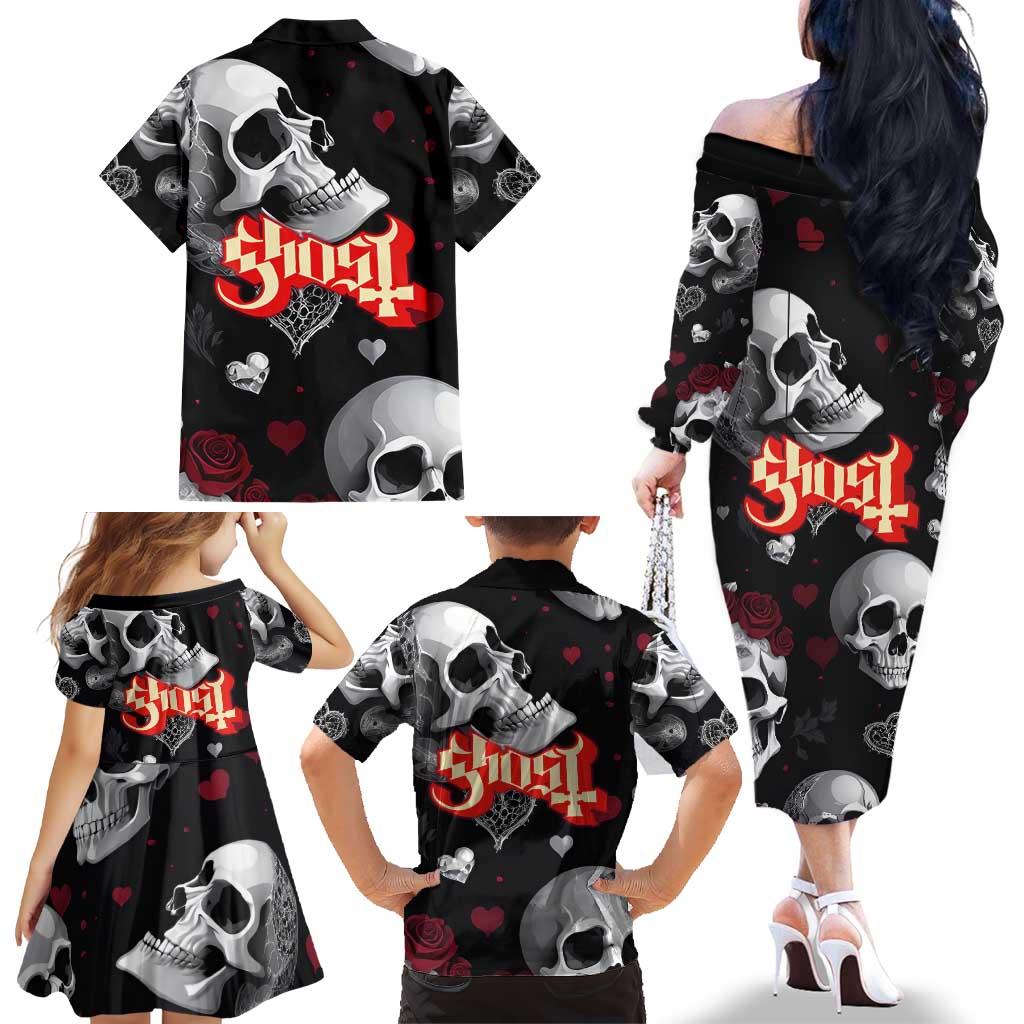 Ghost Valentine Family Matching Off The Shoulder Long Sleeve Dress and Hawaiian Shirt with Rockets Skull Heart Pattern