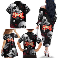 Ghost Valentine Family Matching Off The Shoulder Long Sleeve Dress and Hawaiian Shirt with Rockets Skull Heart Pattern