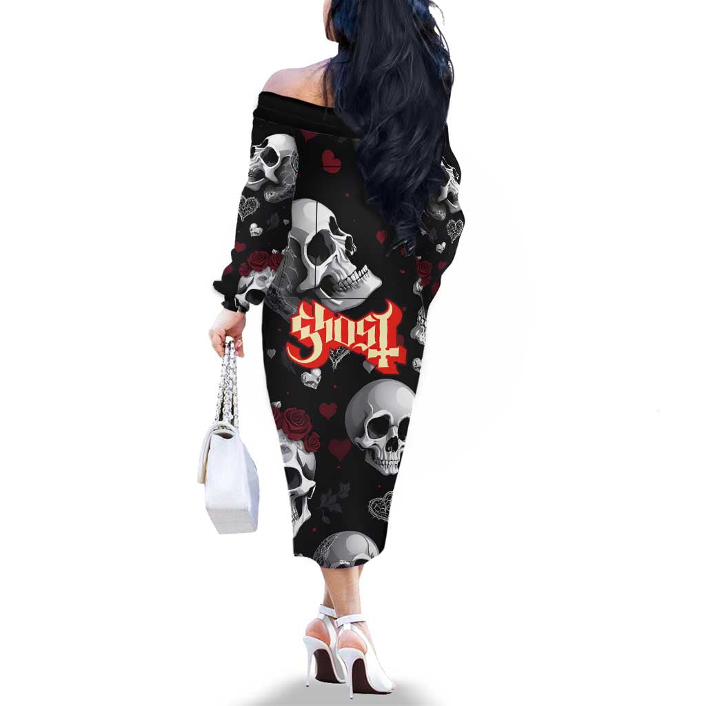 Ghost Valentine Family Matching Off The Shoulder Long Sleeve Dress and Hawaiian Shirt with Rockets Skull Heart Pattern