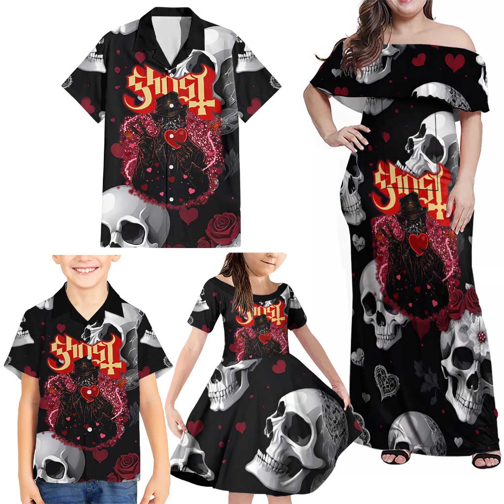 Ghost Valentine Family Matching Off Shoulder Maxi Dress and Hawaiian Shirt with Rockets Skull Heart Pattern