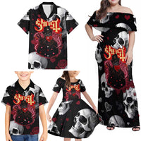 Ghost Valentine Family Matching Off Shoulder Maxi Dress and Hawaiian Shirt with Rockets Skull Heart Pattern