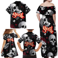 Ghost Valentine Family Matching Off Shoulder Maxi Dress and Hawaiian Shirt with Rockets Skull Heart Pattern