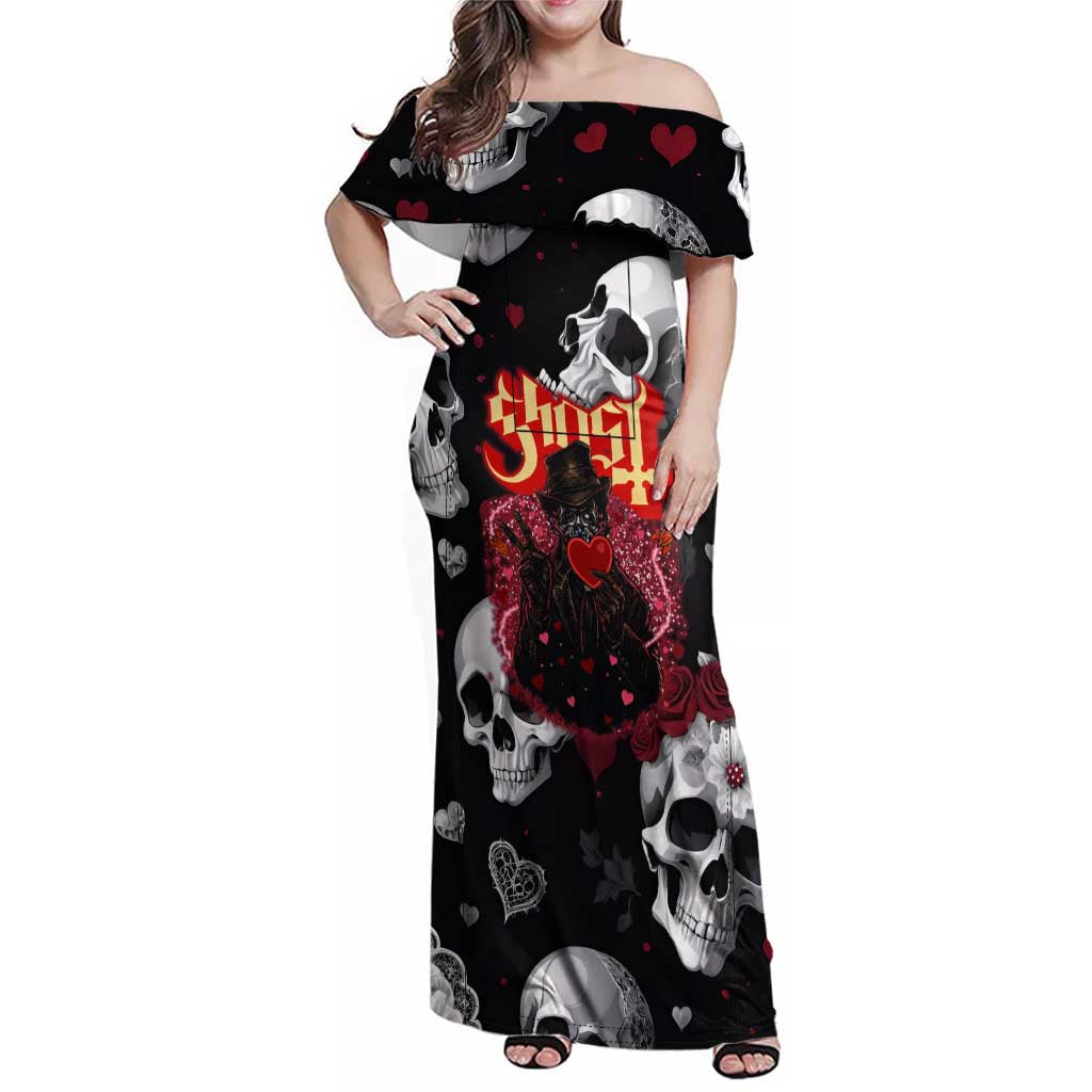 Ghost Valentine Family Matching Off Shoulder Maxi Dress and Hawaiian Shirt with Rockets Skull Heart Pattern