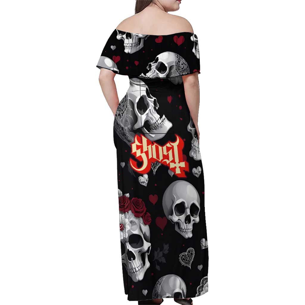 Ghost Valentine Family Matching Off Shoulder Maxi Dress and Hawaiian Shirt with Rockets Skull Heart Pattern