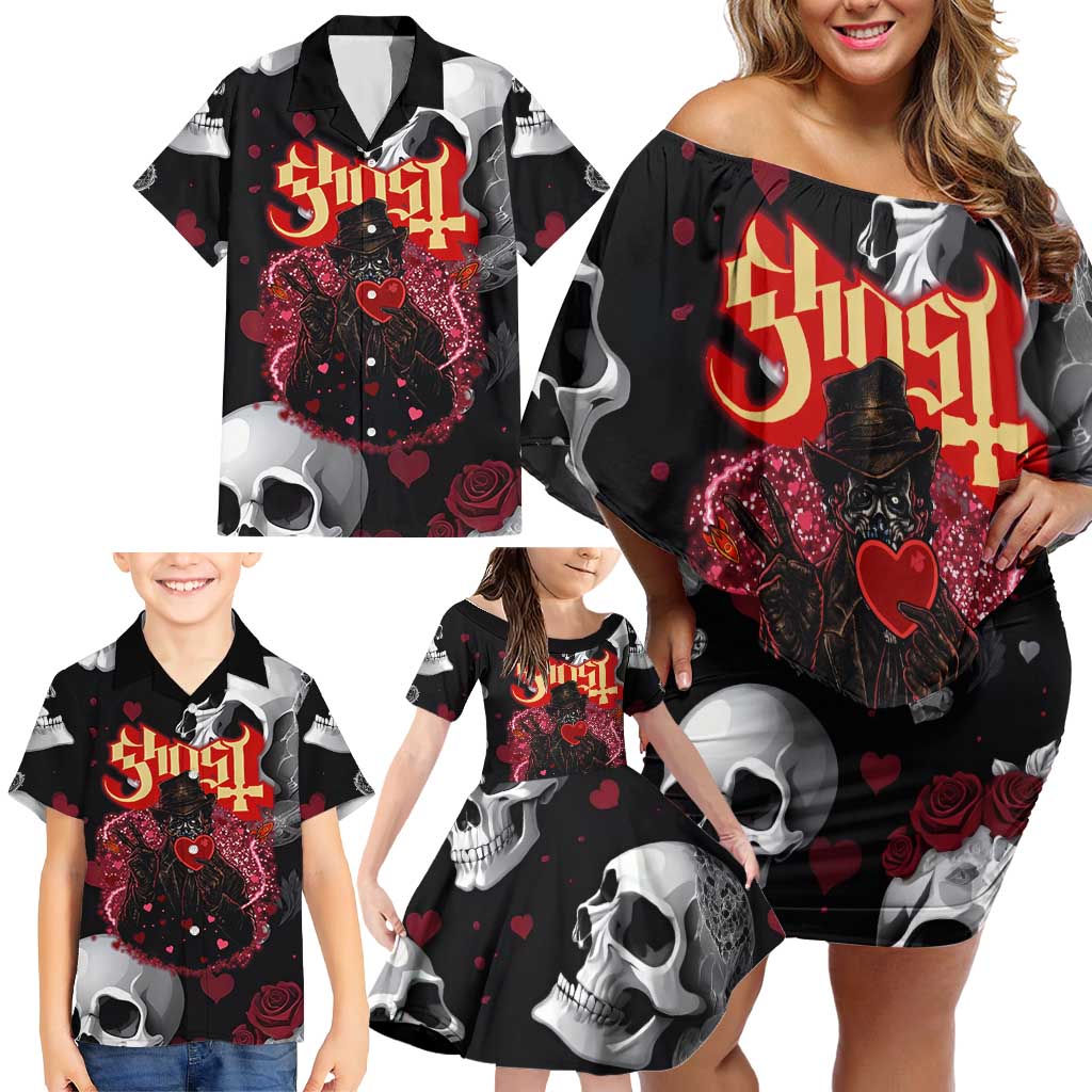 Ghost Valentine Family Matching Off Shoulder Short Dress and Hawaiian Shirt with Rockets Skull Heart Pattern