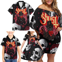 Ghost Valentine Family Matching Off Shoulder Short Dress and Hawaiian Shirt with Rockets Skull Heart Pattern