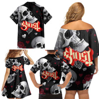 Ghost Valentine Family Matching Off Shoulder Short Dress and Hawaiian Shirt with Rockets Skull Heart Pattern