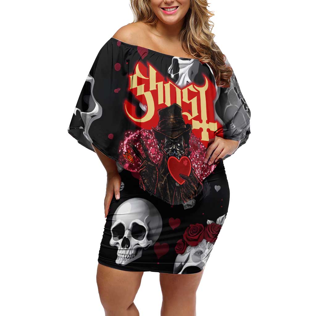 Ghost Valentine Family Matching Off Shoulder Short Dress and Hawaiian Shirt with Rockets Skull Heart Pattern