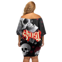 Ghost Valentine Family Matching Off Shoulder Short Dress and Hawaiian Shirt with Rockets Skull Heart Pattern