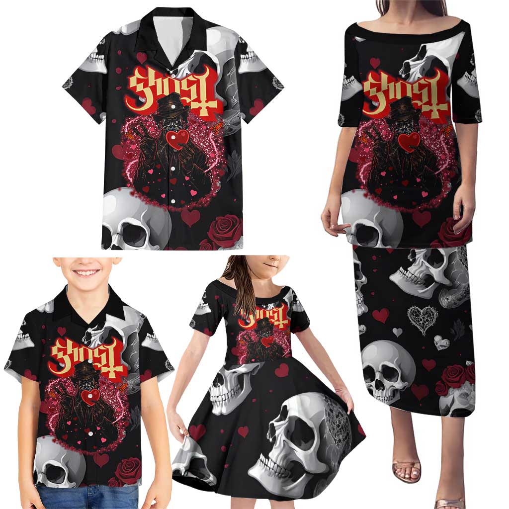 Ghost Valentine Family Matching Puletasi and Hawaiian Shirt with Rockets Skull Heart Pattern