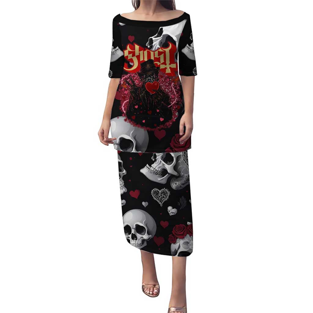 Ghost Valentine Family Matching Puletasi and Hawaiian Shirt with Rockets Skull Heart Pattern