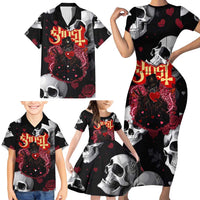 Ghost Valentine Family Matching Short Sleeve Bodycon Dress and Hawaiian Shirt with Rockets Skull Heart Pattern