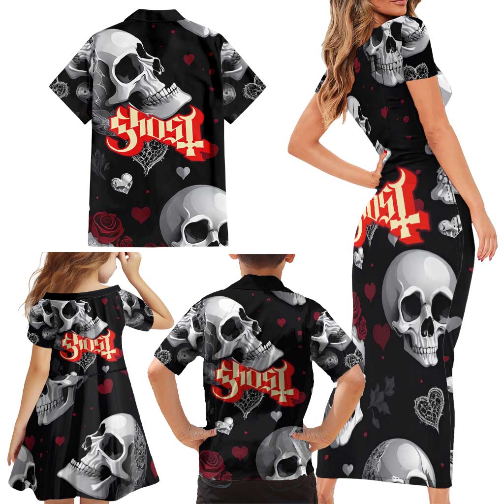 Ghost Valentine Family Matching Short Sleeve Bodycon Dress and Hawaiian Shirt with Rockets Skull Heart Pattern