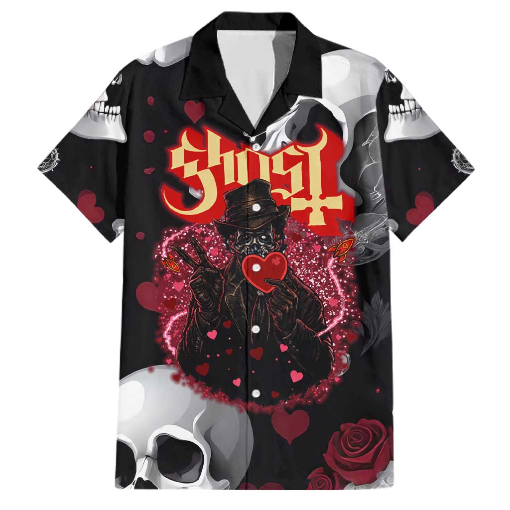 Ghost Valentine Family Matching Short Sleeve Bodycon Dress and Hawaiian Shirt with Rockets Skull Heart Pattern