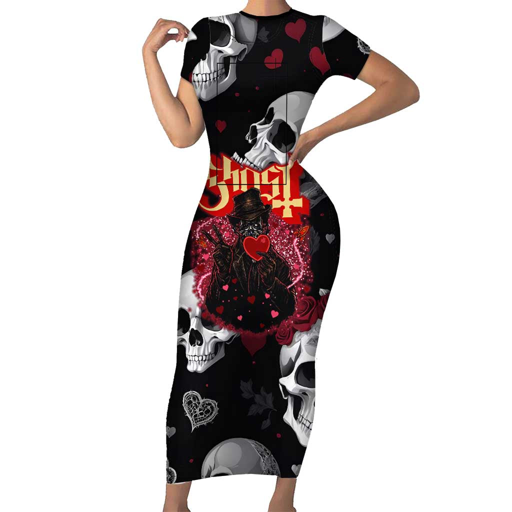 Ghost Valentine Family Matching Short Sleeve Bodycon Dress and Hawaiian Shirt with Rockets Skull Heart Pattern