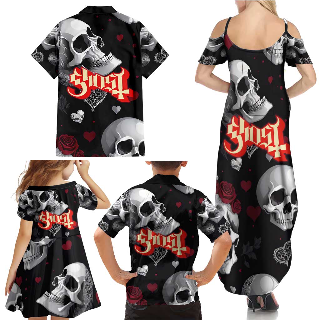 Ghost Valentine Family Matching Summer Maxi Dress and Hawaiian Shirt with Rockets Skull Heart Pattern