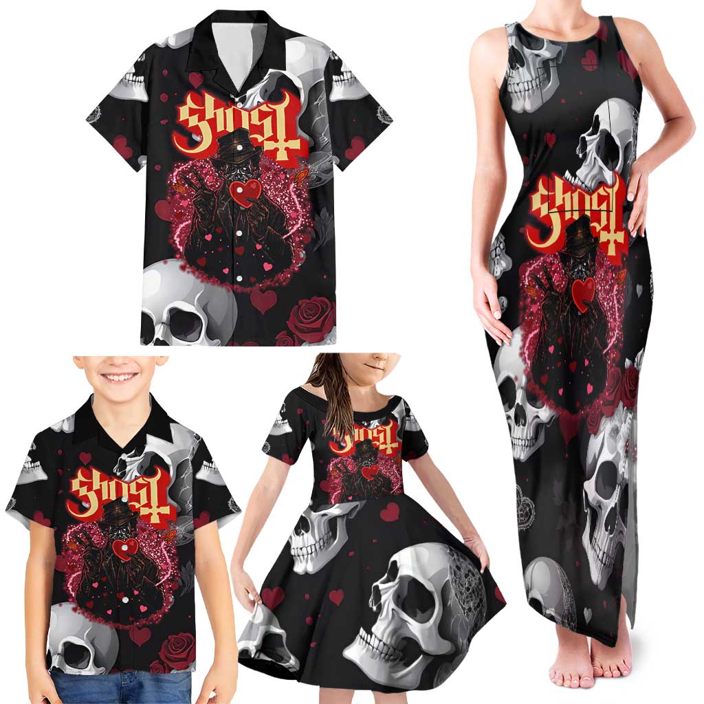 Ghost Valentine Family Matching Tank Maxi Dress and Hawaiian Shirt with Rockets Skull Heart Pattern