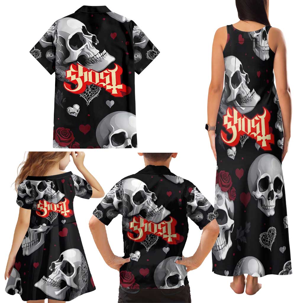 Ghost Valentine Family Matching Tank Maxi Dress and Hawaiian Shirt with Rockets Skull Heart Pattern