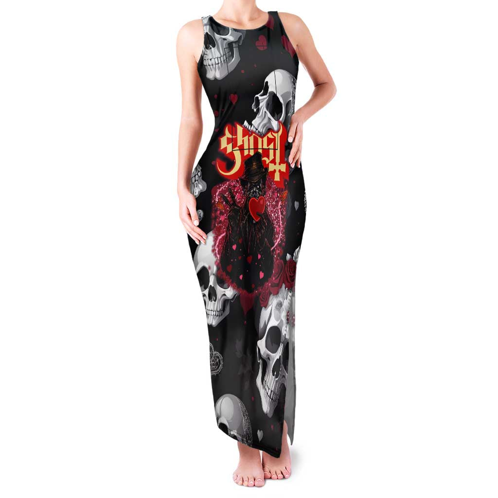 Ghost Valentine Family Matching Tank Maxi Dress and Hawaiian Shirt with Rockets Skull Heart Pattern