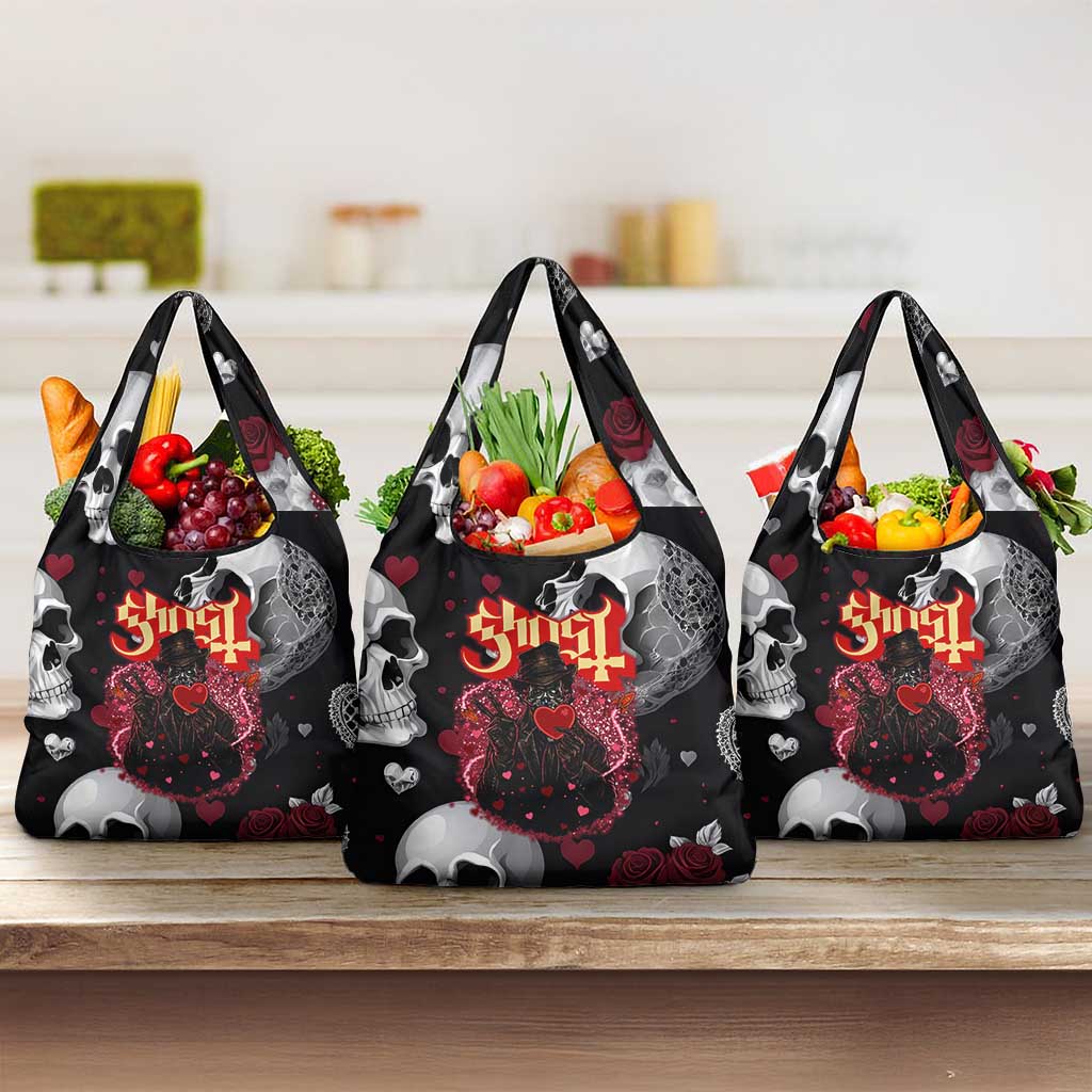 Ghost Valentine Grocery Bag with Rockets Skull Heart Pattern