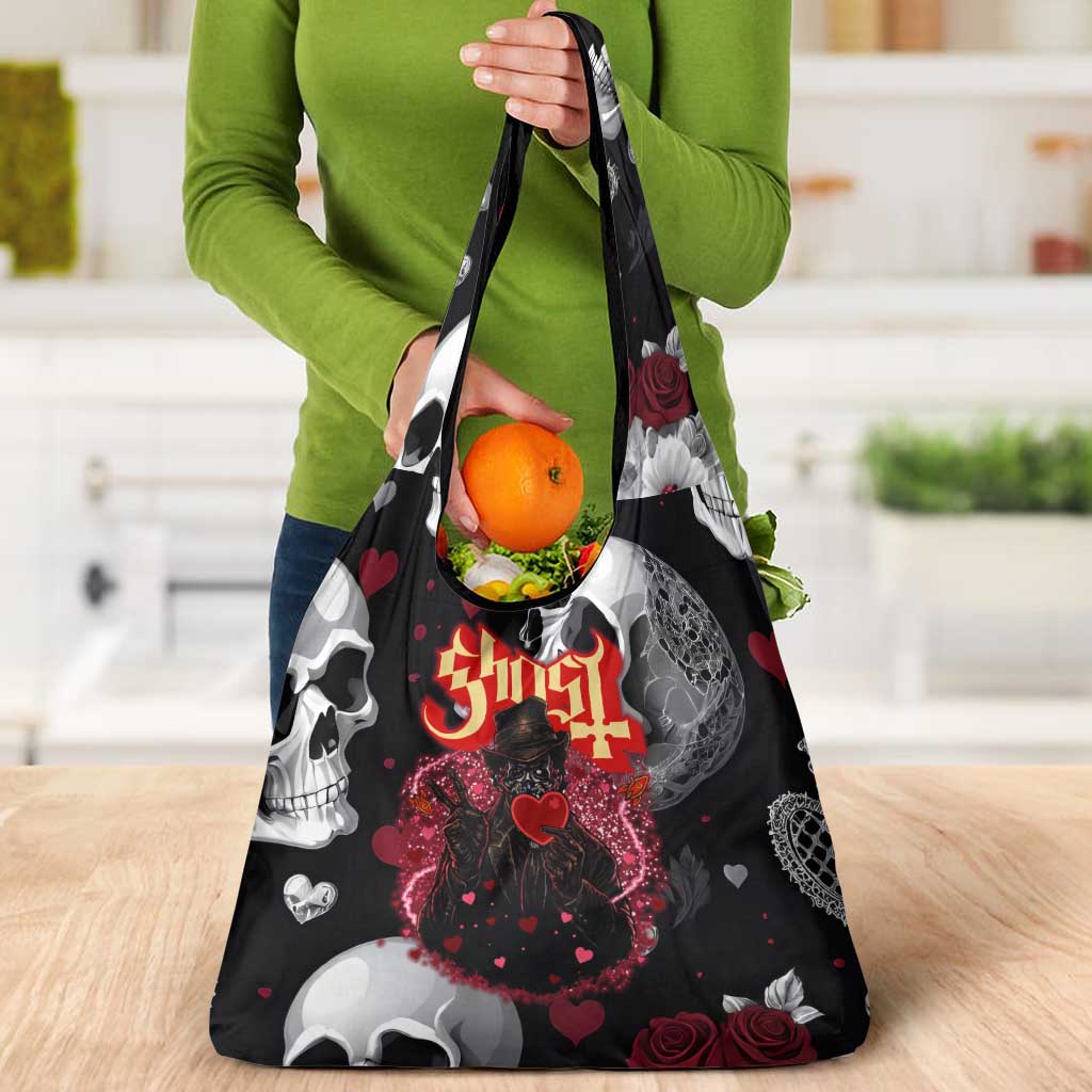 Ghost Valentine Grocery Bag with Rockets Skull Heart Pattern