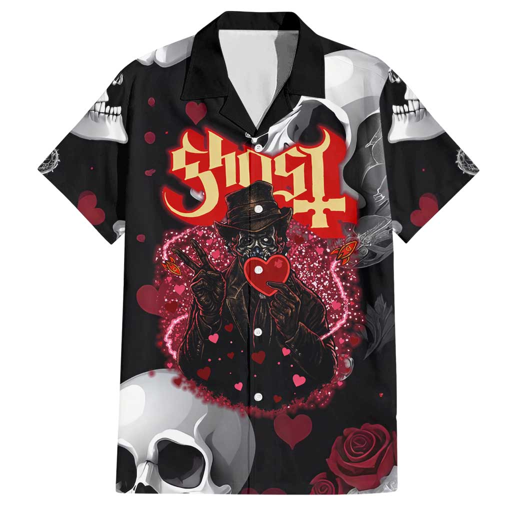Ghost Valentine Hawaiian Shirt with Rockets Skull Heart Pattern