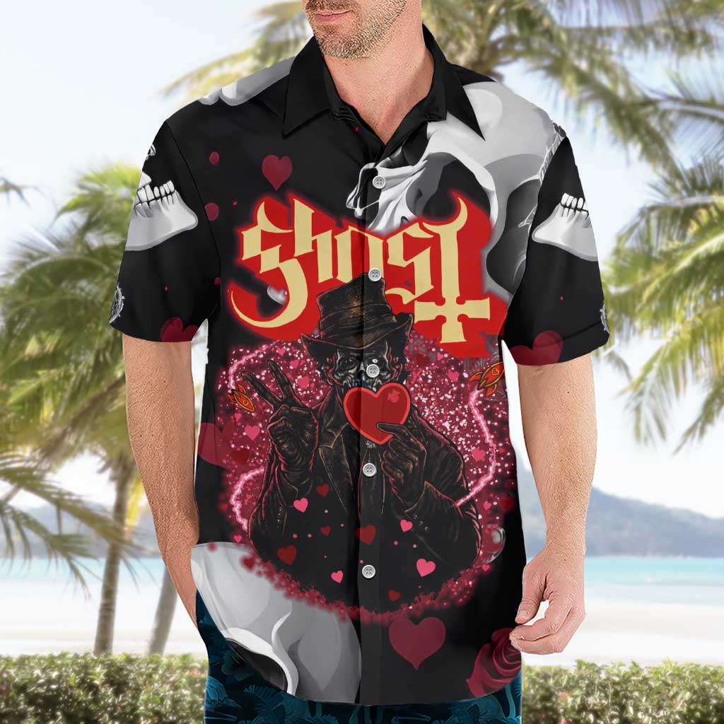 Ghost Valentine Hawaiian Shirt with Rockets Skull Heart Pattern