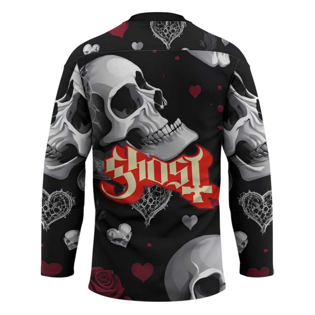 Ghost Valentine Hockey Jersey with Rockets Skull Heart Pattern