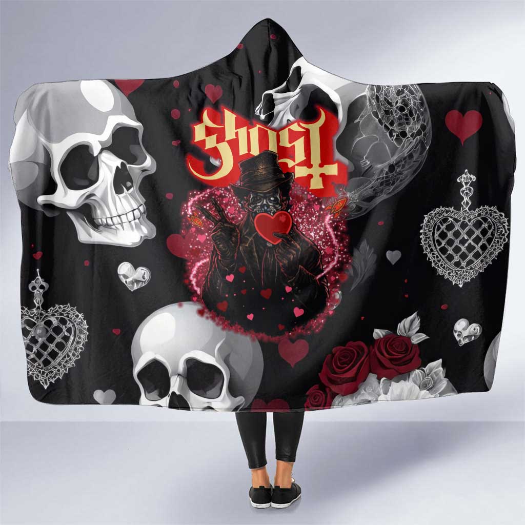 Ghost Valentine Hooded Blanket with Rockets Skull Heart Pattern