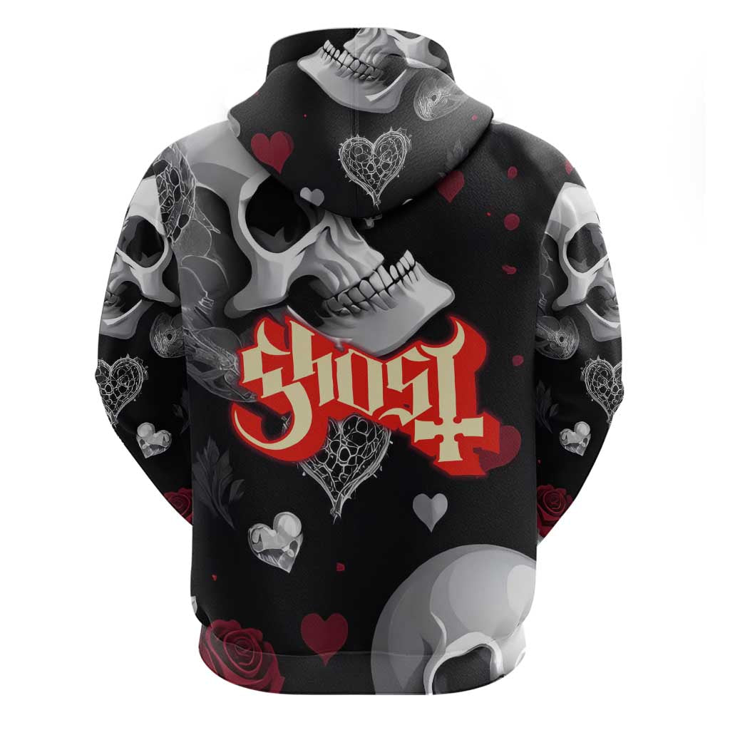 Ghost Valentine Hoodie with Rockets Skull Heart Pattern